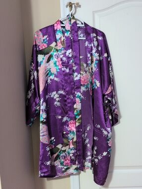 Purple Floral Satin Kimono Robe